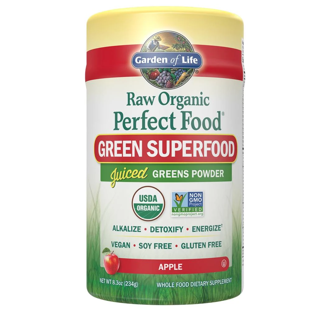 Garden of Life Raw Organic Perfect Food Green Superfood Juiced Greens Powder Apple canister
