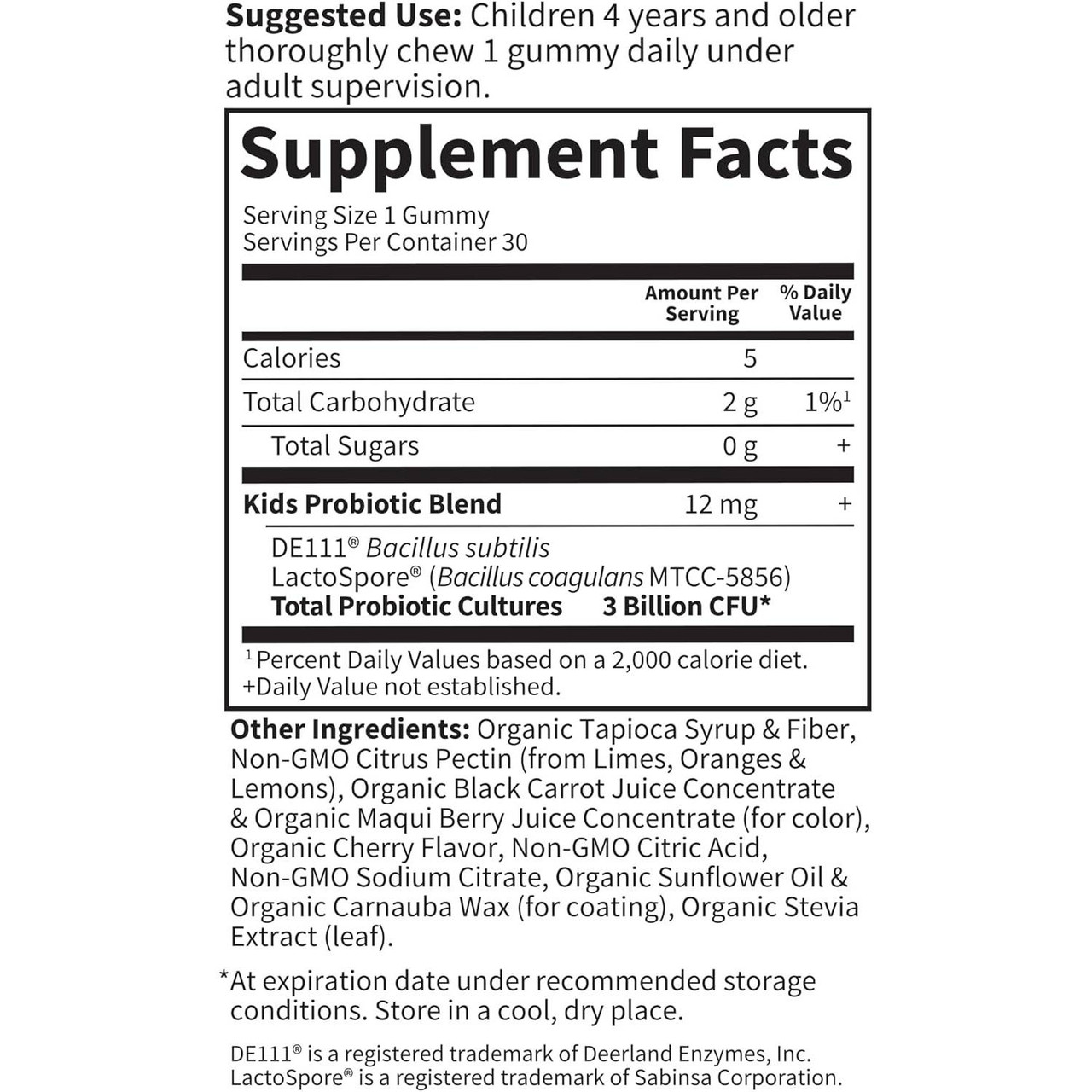 Kids Probiotic supplement facts, 3 billion CFU DE111 and LactoSpore probiotic blend per gummy