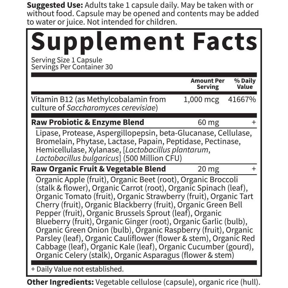 Vitamin Code RAW B-12 supplement facts, 1,000 mcg methylcobalamin