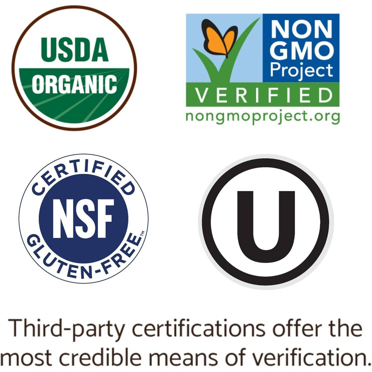 USDA Organic, Non-GMO Project Verified, NSF Certified Gluten-Free and kosher certification logos