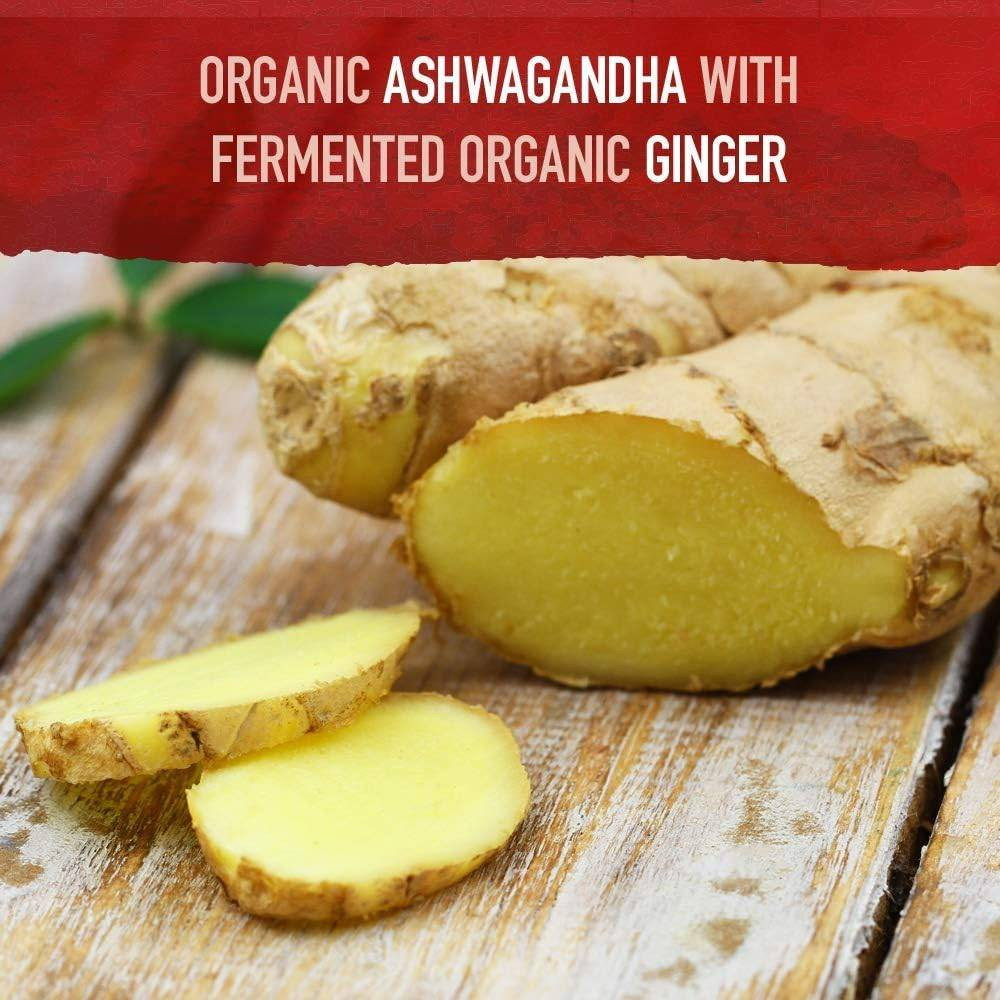 Sliced ginger root, organic ashwagandha with fermented organic ginger graphic