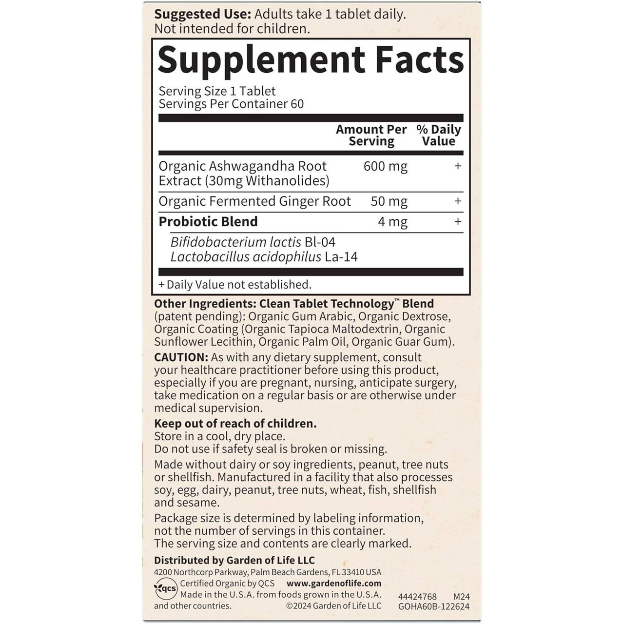 Ashwagandha Stress & Mood supplement facts, 600 mg ashwagandha root extract, fermented ginger and probiotics
