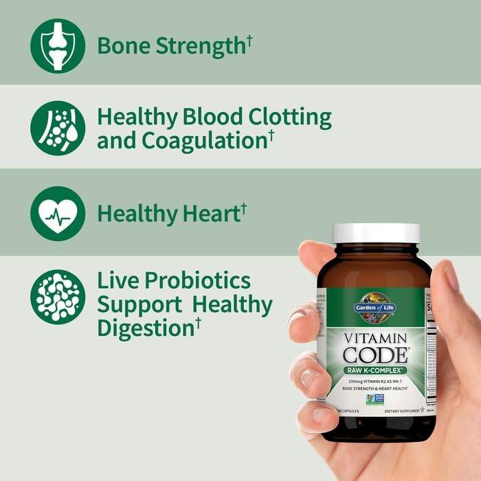 Hand holding a Vitamin Code RAW K-Complex bottle beside benefit icons