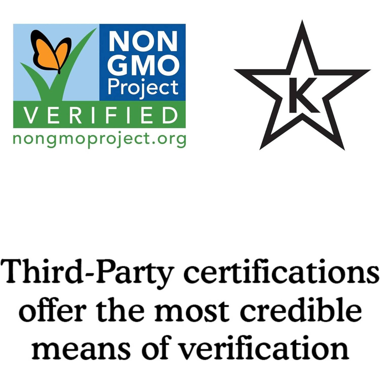 Non-GMO Project Verified and kosher logos, third-party certifications