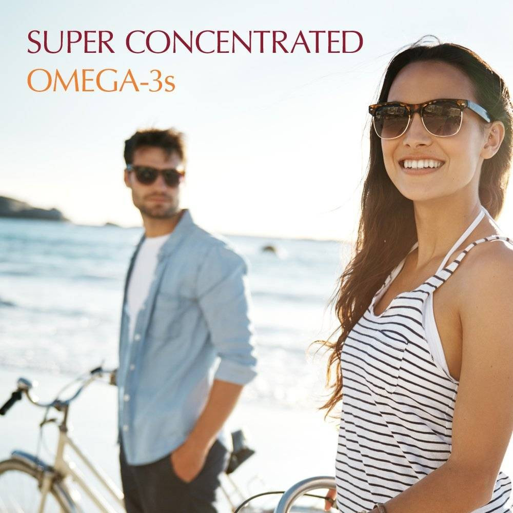Smiling couple at the beach, super concentrated omega-3s graphic