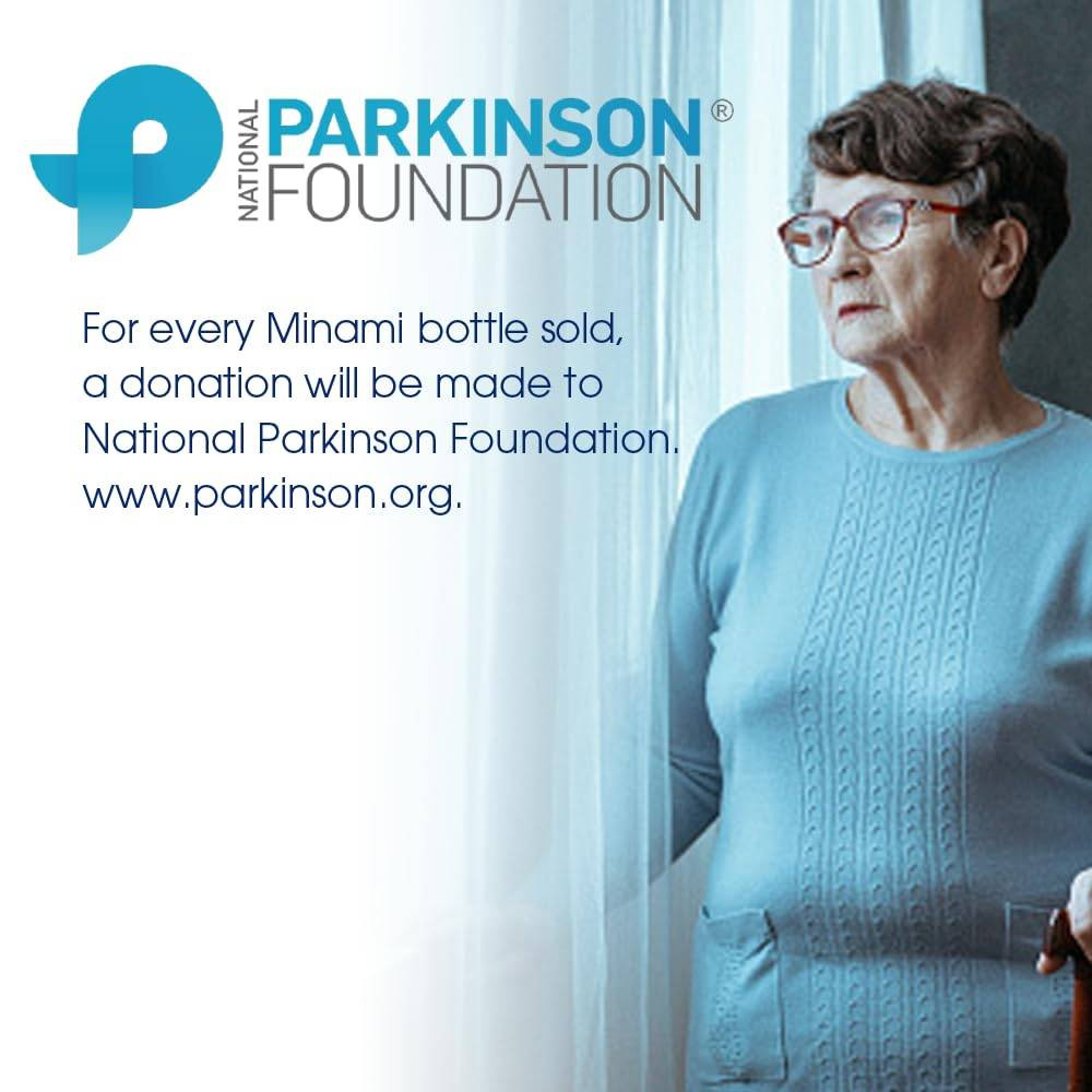 Older woman at a window, Parkinson's Foundation donation for every Minami bottle sold graphic