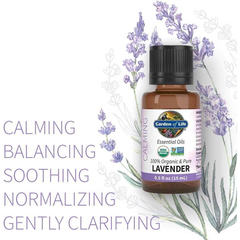 Lavender Essential Oil bottle with lavender sprigs, calming, balancing, soothing graphic