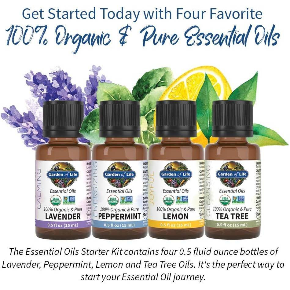 Four Essential Oils Starter Kit bottles with lavender, mint and lemon, get started today graphic