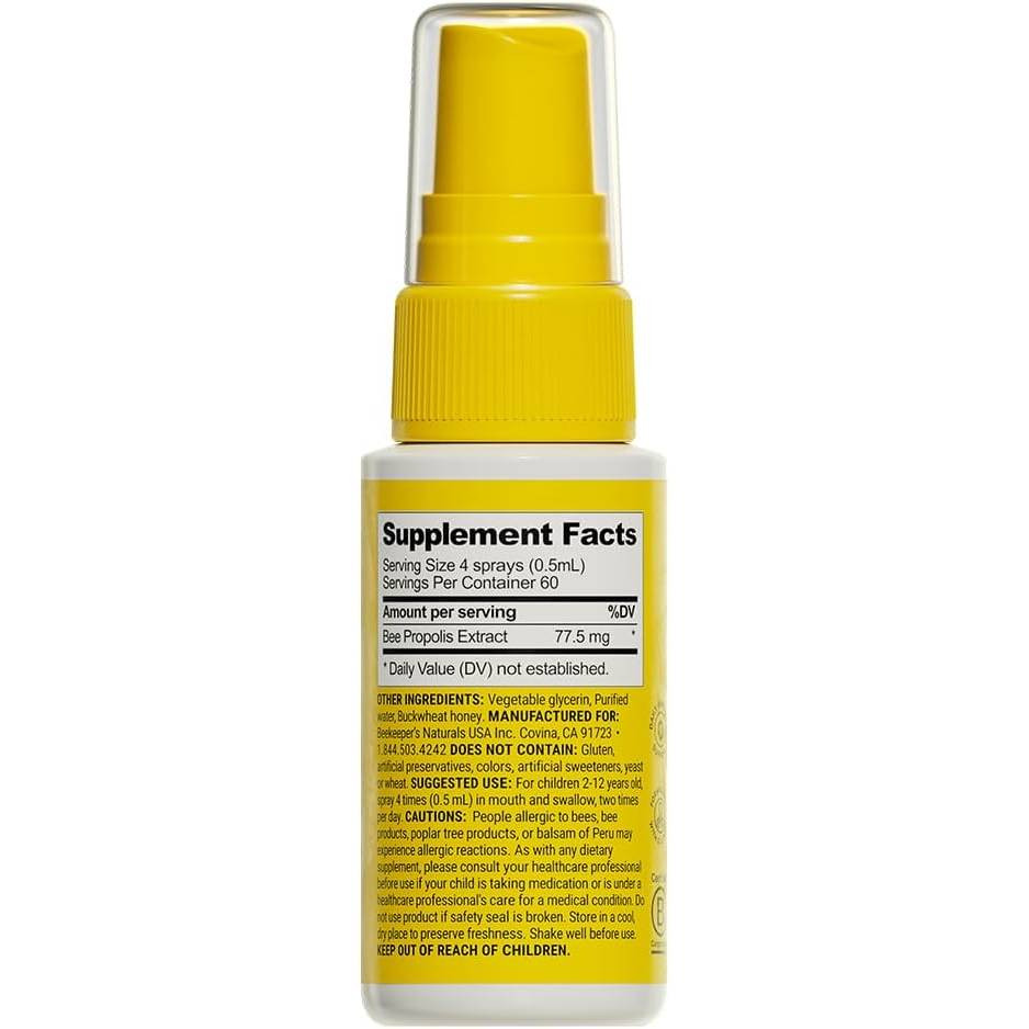 Back of Kid's Propolis Throat Spray bottle with supplement facts label