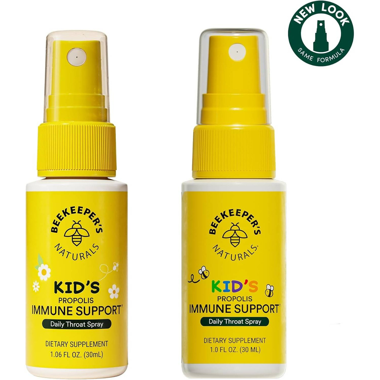 Old and new Kid's Propolis Throat Spray bottles, new look graphic