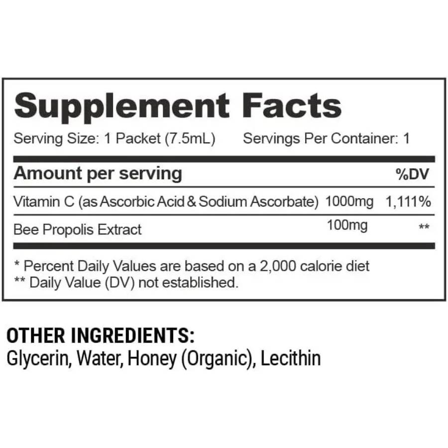 Propolis + Vitamin C supplement facts, 1 packet serving, 1000 mg vitamin C, 100 mg propolis