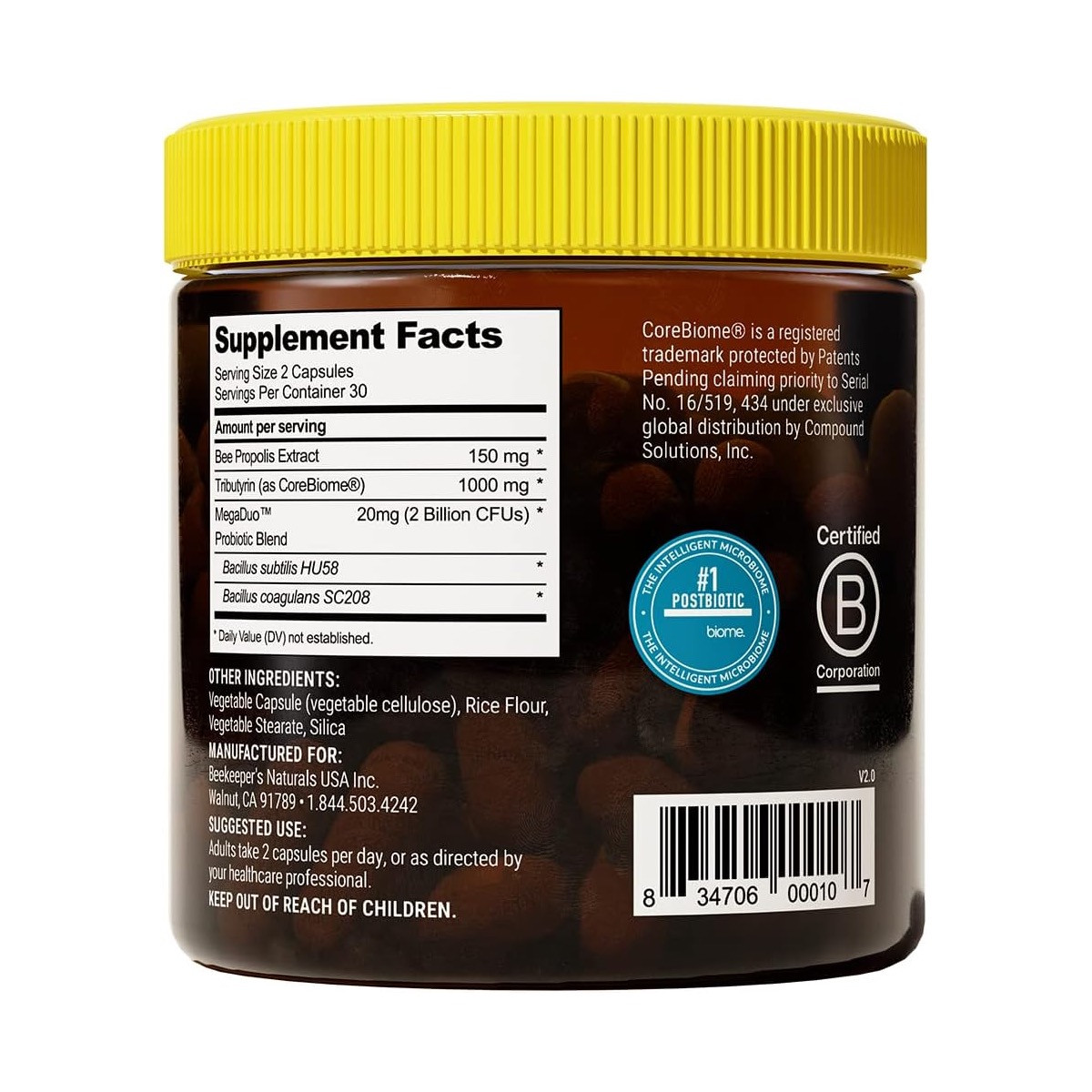 Back of Complete Gut Health jar with supplement facts and B Corp logo
