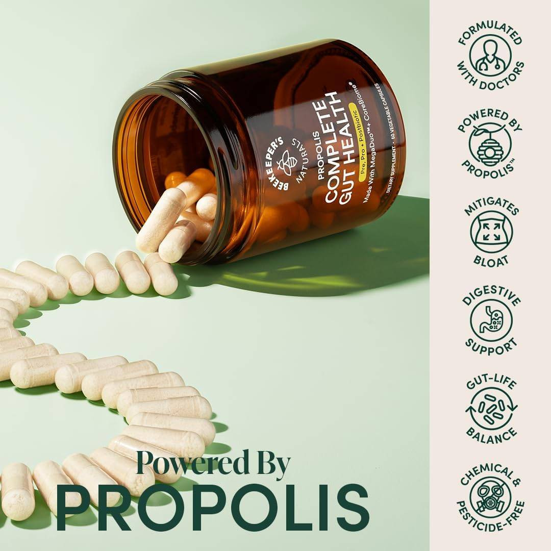 Spilled Complete Gut Health capsules, powered by propolis graphic with feature icons