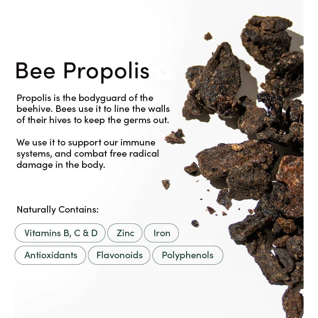 Raw bee propolis, naturally contains vitamins B, C & D, zinc and antioxidants