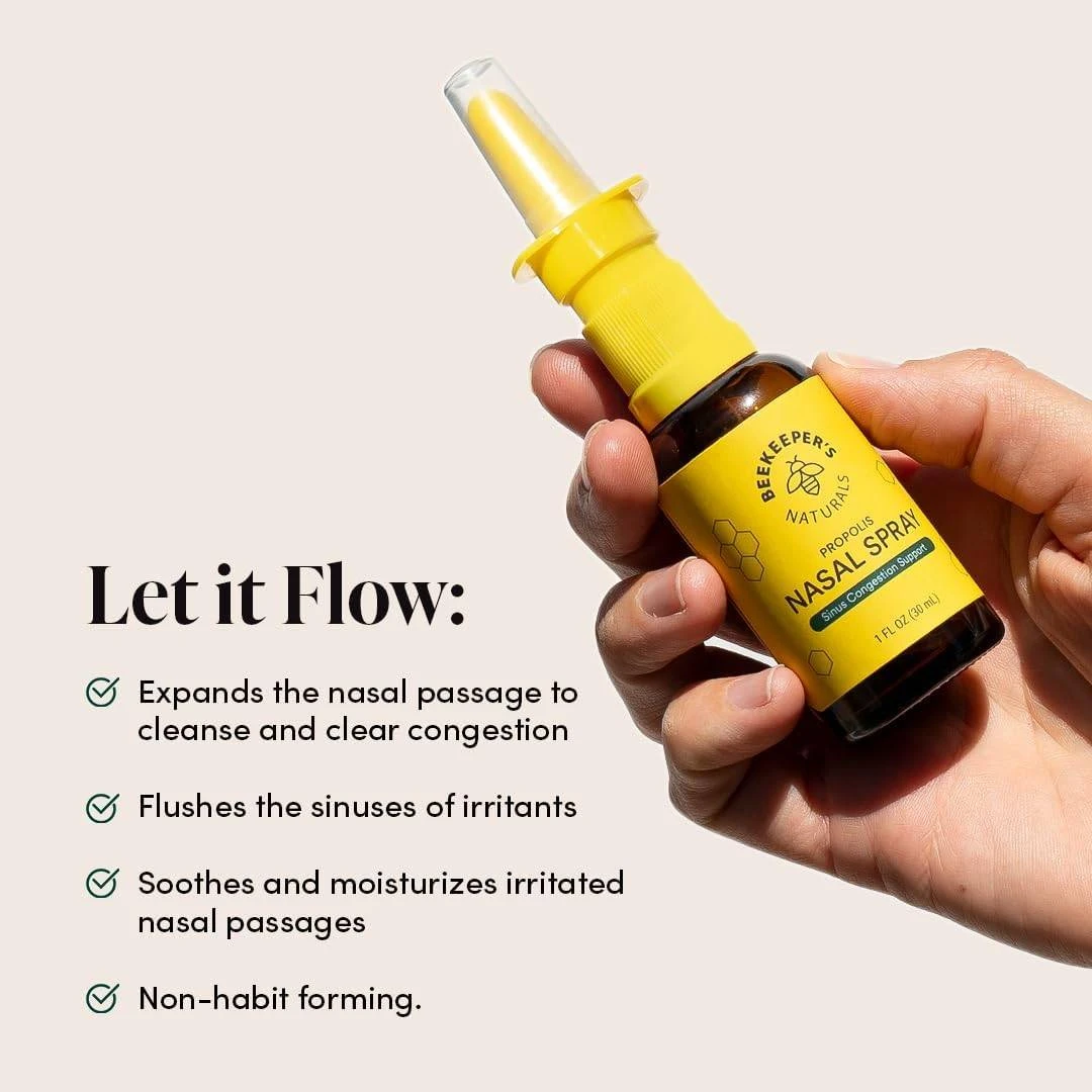 Hand holding the nasal spray, let it flow graphic with use points
