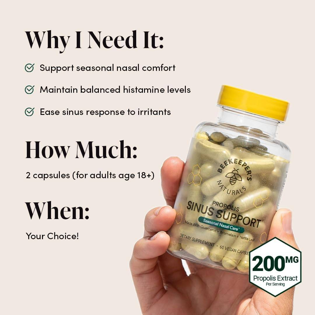 Beekeepers Naturals Propolis Sinus Support - Seasonal Nasal Care - 60 Capsules
