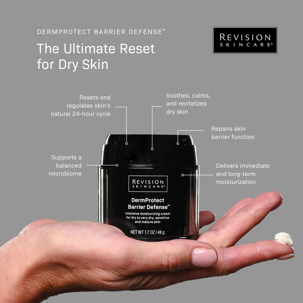 Hand holding DermProtect Barrier Defense jar, the ultimate reset for dry skin callouts