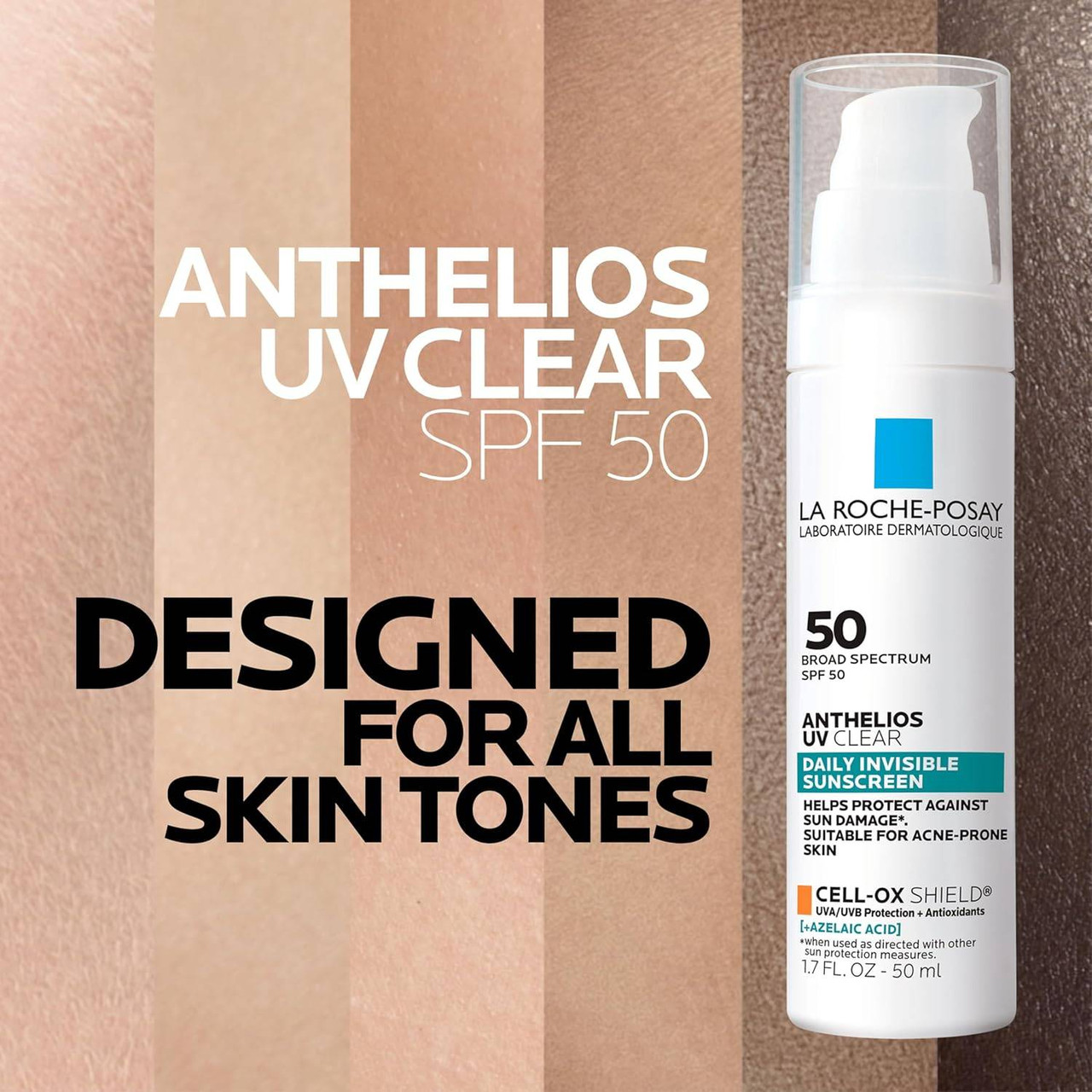 Anthelios UV Clear bottle on skin tones with Designed for All Skin Tones text
