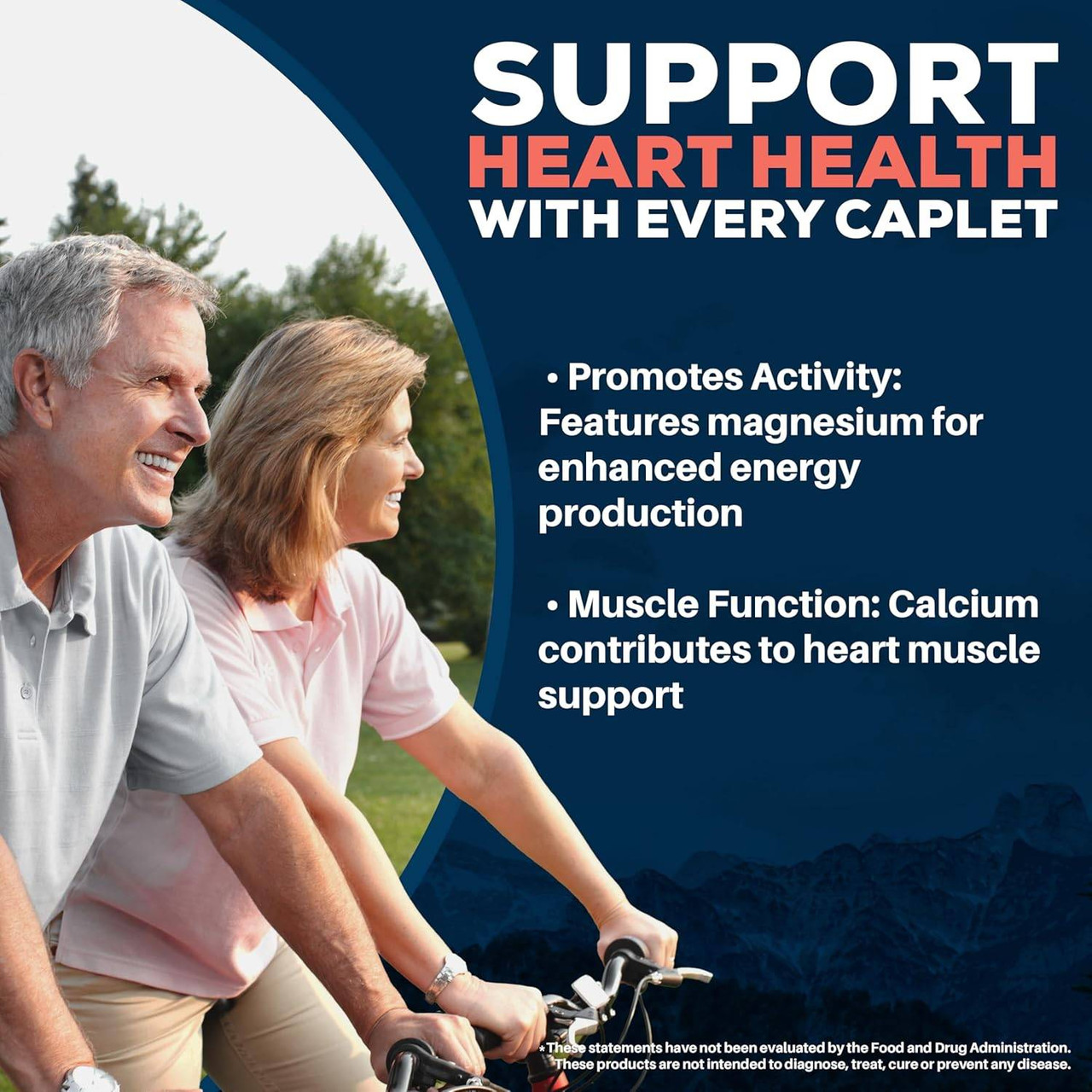 Older couple cycling outdoors, Arjuna Heart magnesium and calcium callouts