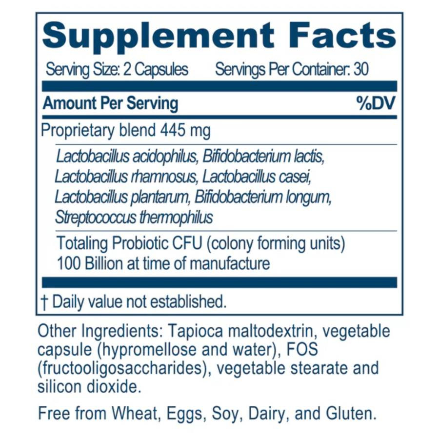 Probiotic 100B supplement facts, 445 mg probiotic blend with 100 billion CFU per 2 capsules