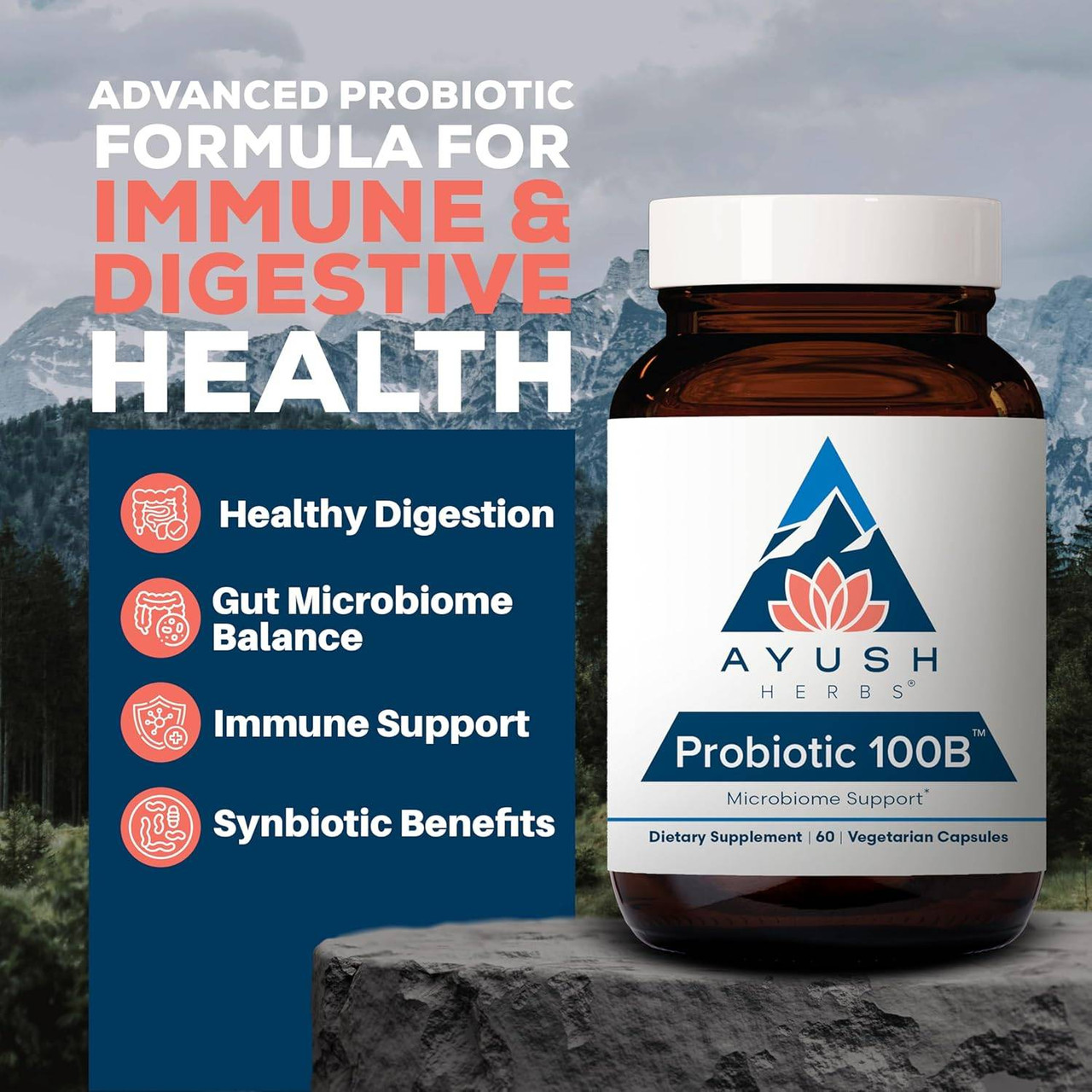 Probiotic 100B bottle on a rock with probiotic formula feature icons