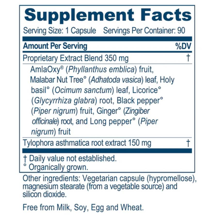 BronchoTone supplement facts, 350 mg proprietary herbal extract blend and 150 mg Tylophora asthmatica