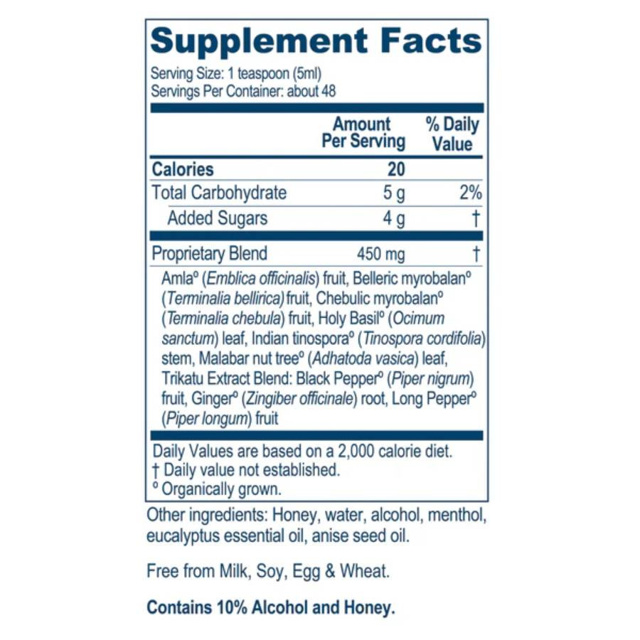 KuffSoothe supplement facts, 1 teaspoon serving with proprietary herbal blend, honey and menthol