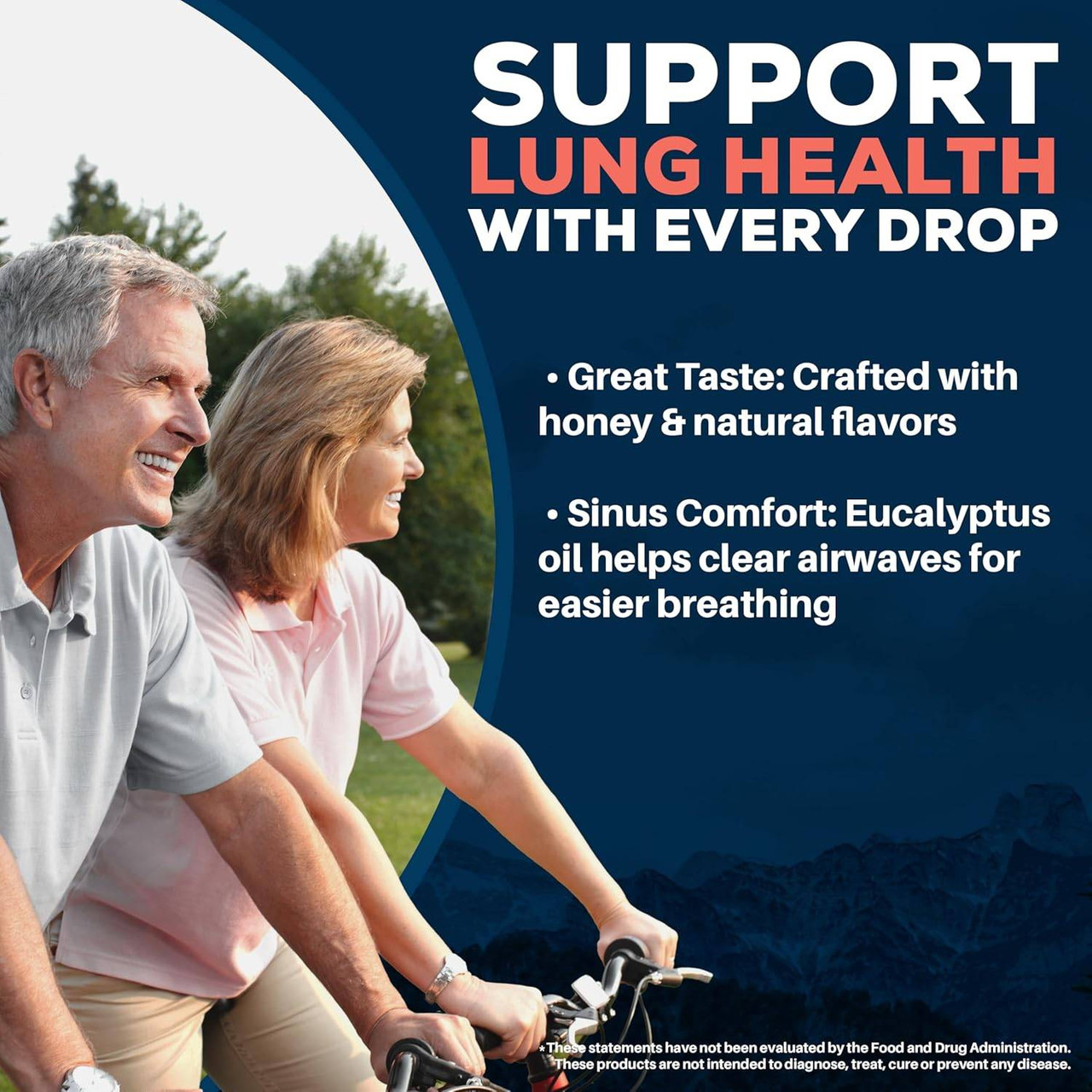 Older couple cycling outdoors, KuffSoothe crafted with honey, natural flavors and eucalyptus oil graphic