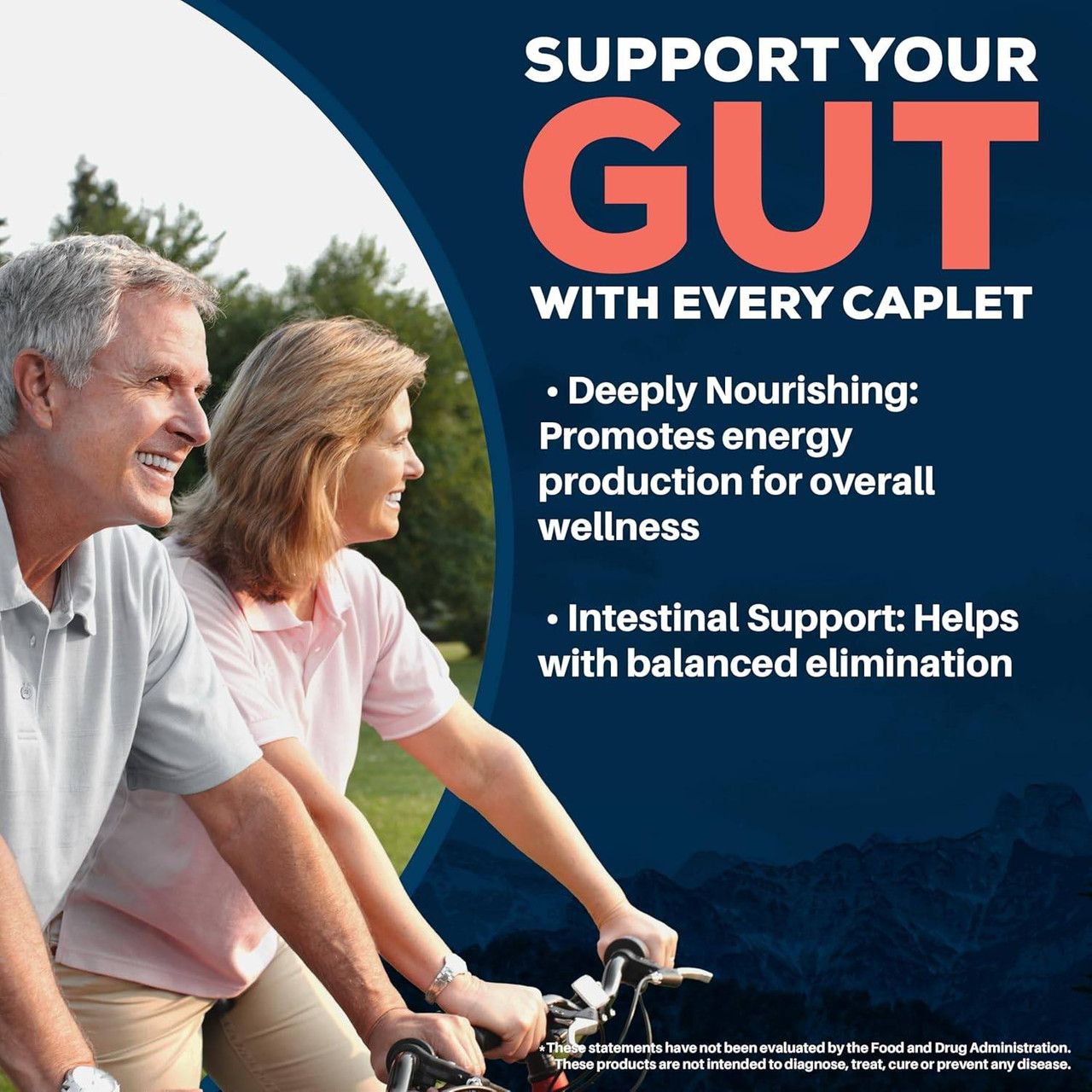 Older couple cycling, Ayush Herbs support your gut graphic