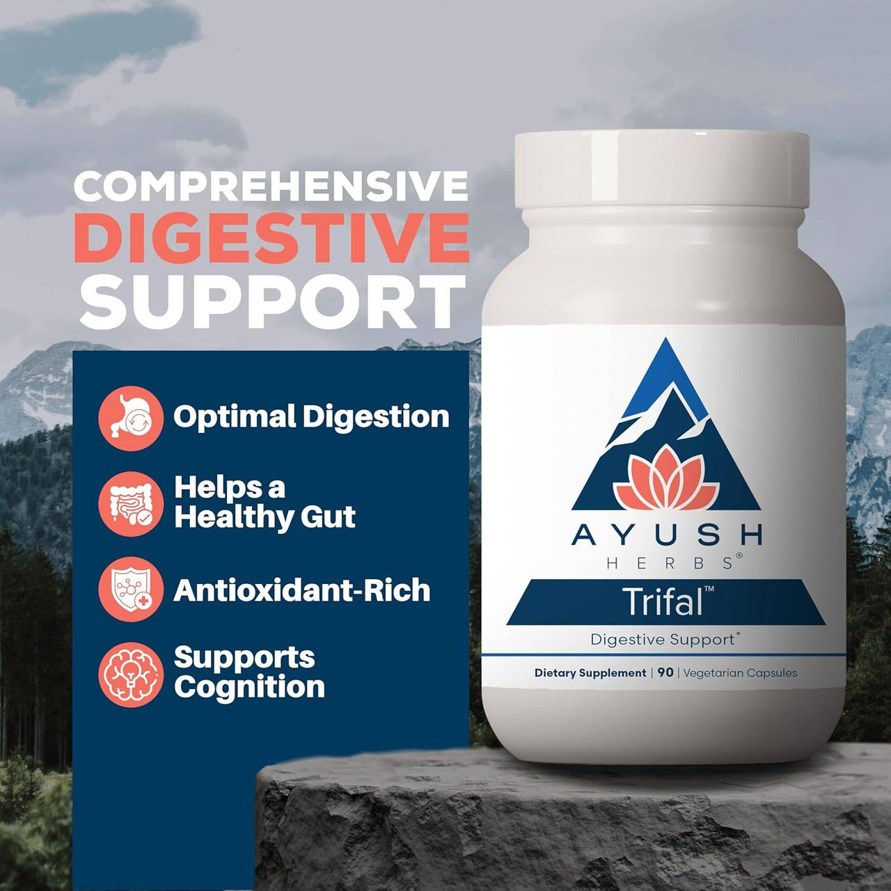 Trifal bottle on a rock with mountains, comprehensive digestive support graphic