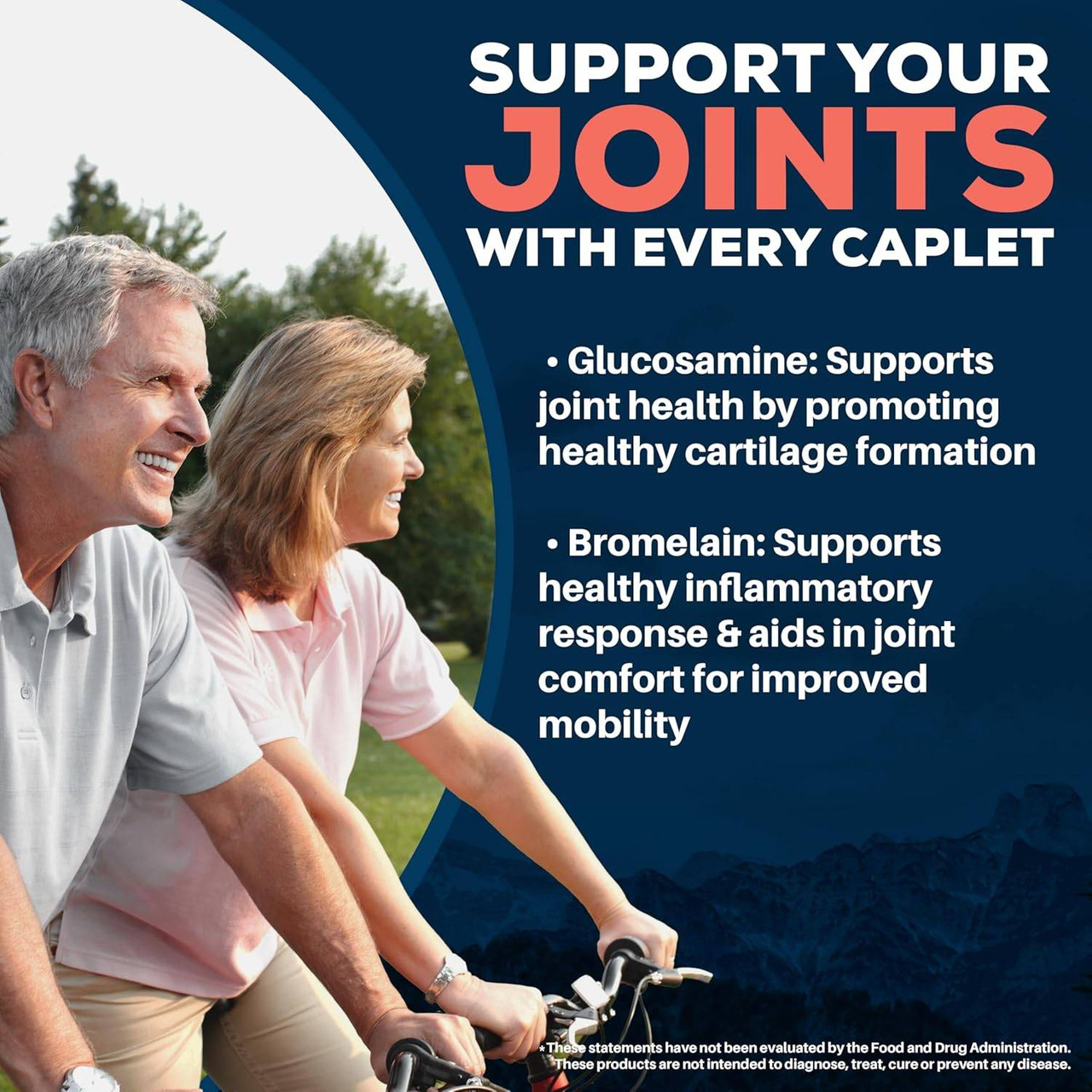 Older couple cycling, Boswelya Plus glucosamine and bromelain ingredients graphic
