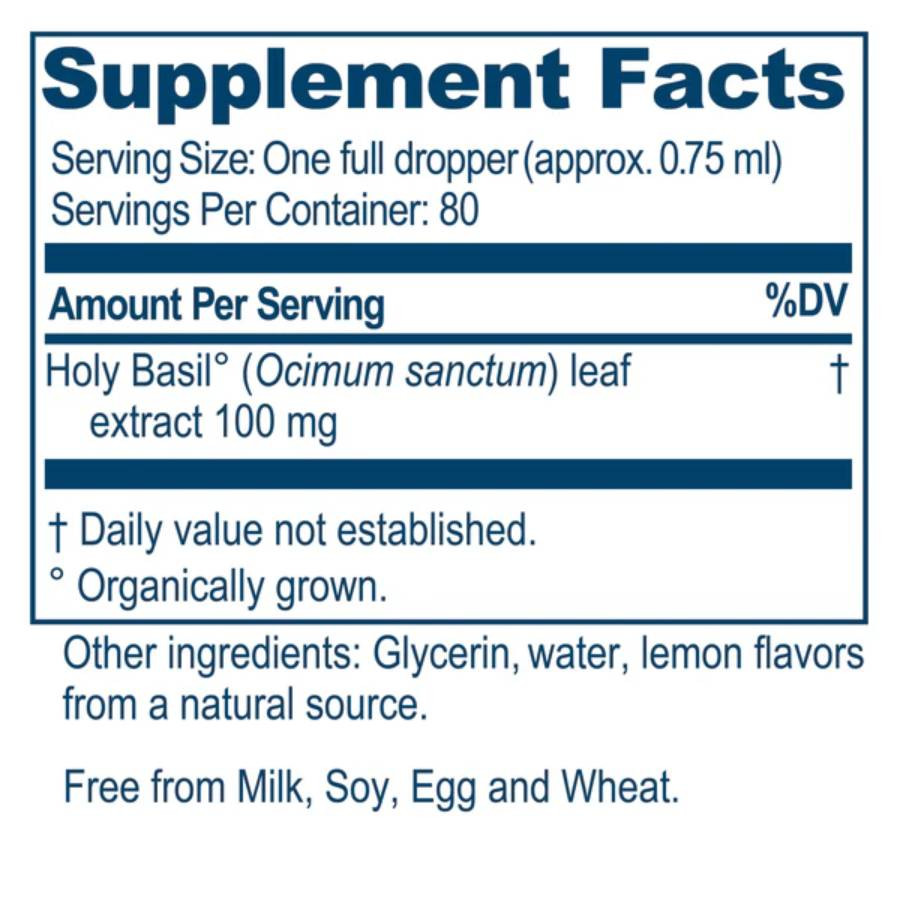 Tulsi Drops supplement facts, 100 mg holy basil leaf extract per dropper