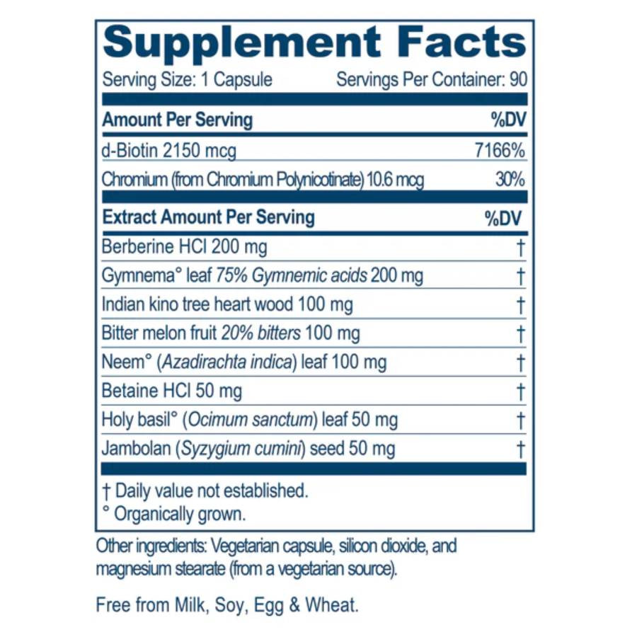 BioGymnema supplement facts with biotin, chromium, berberine, gymnema and herbal extracts