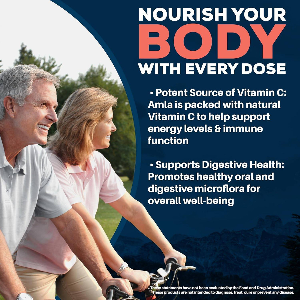 Older couple cycling, nourish your body with every dose graphic