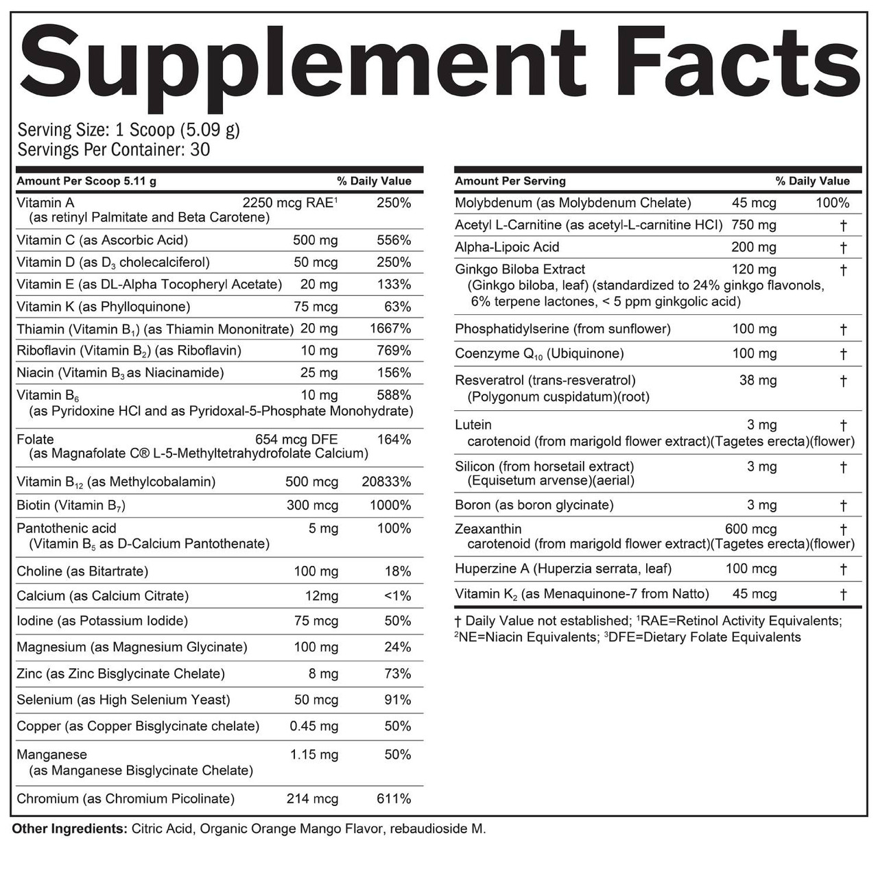 Bright Minds Memory Multi supplement facts panel