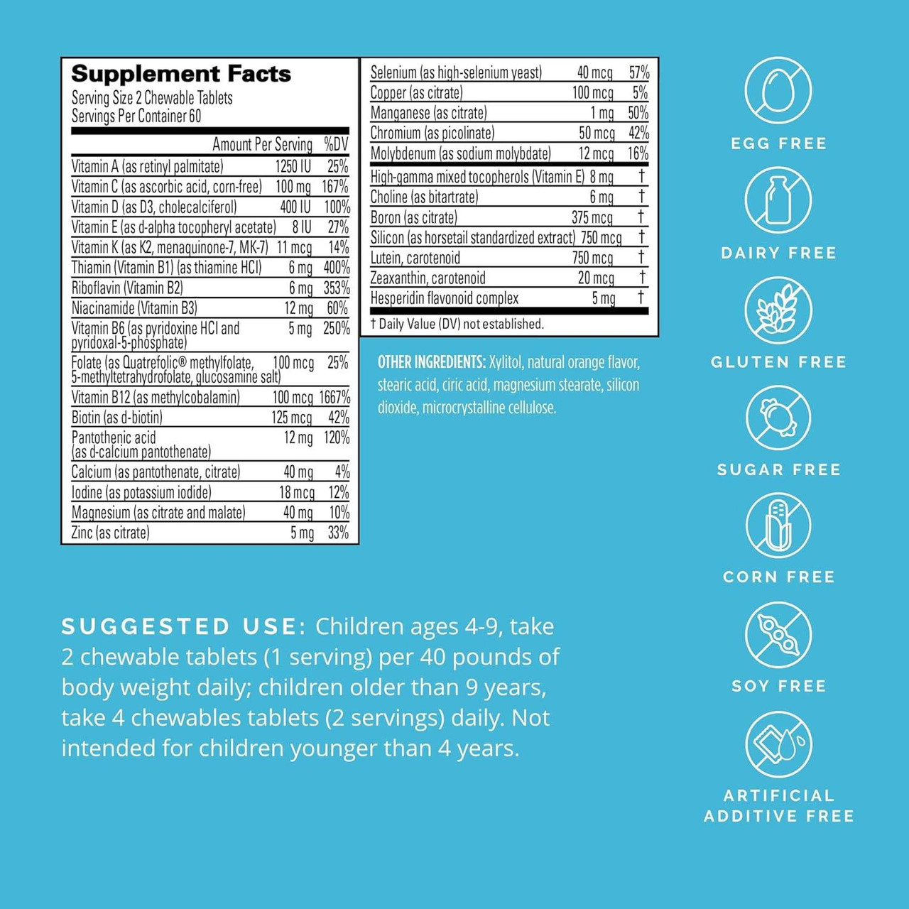 Kids NeuroVite supplement facts with suggested use and free-from icons