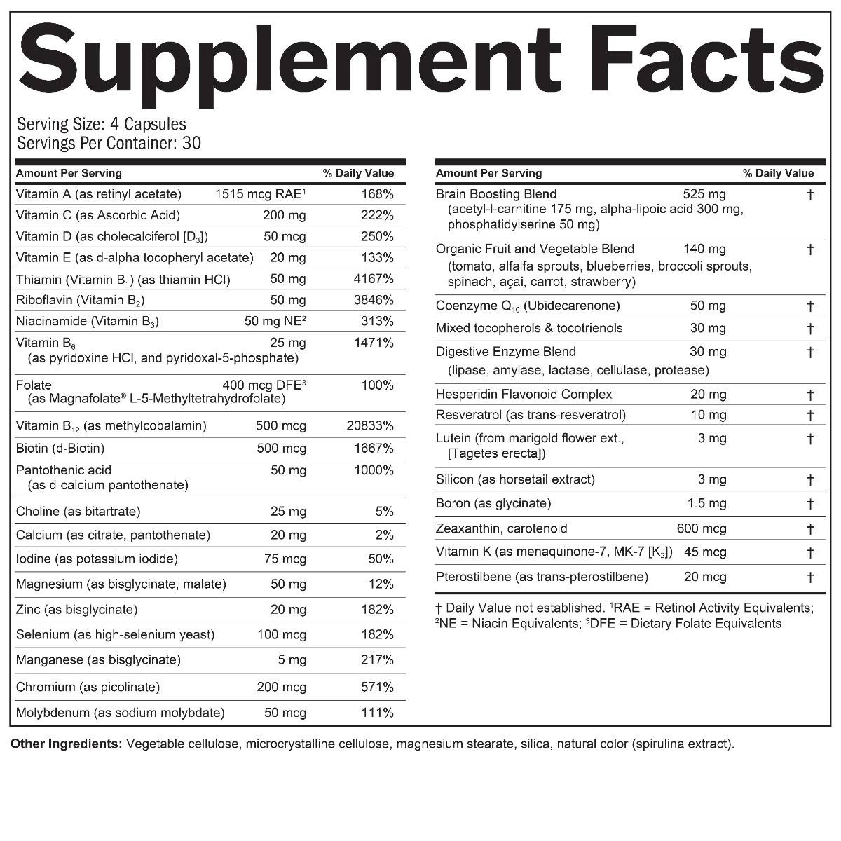 NeuroVite Plus supplement facts panel