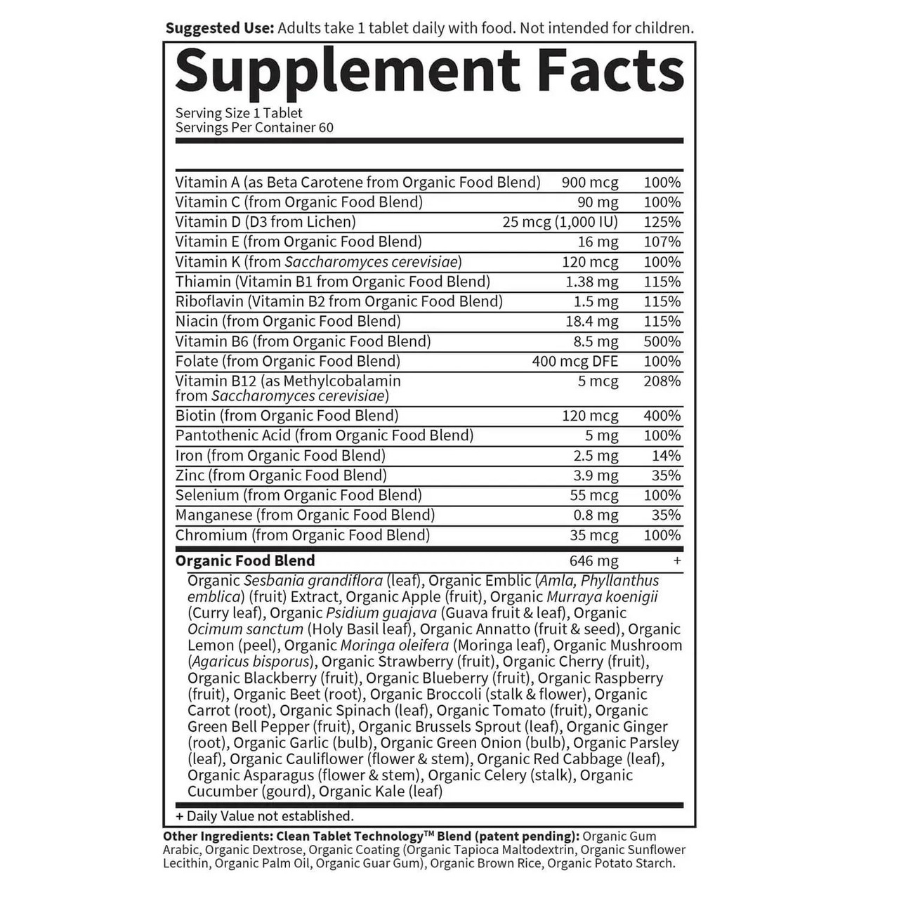 mykind Organics Women's Multi supplement facts with organic food blend