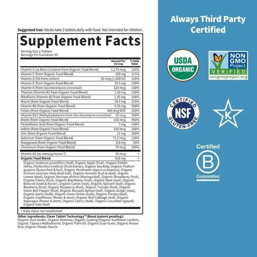 Men's Multi supplement facts with third-party certification logos
