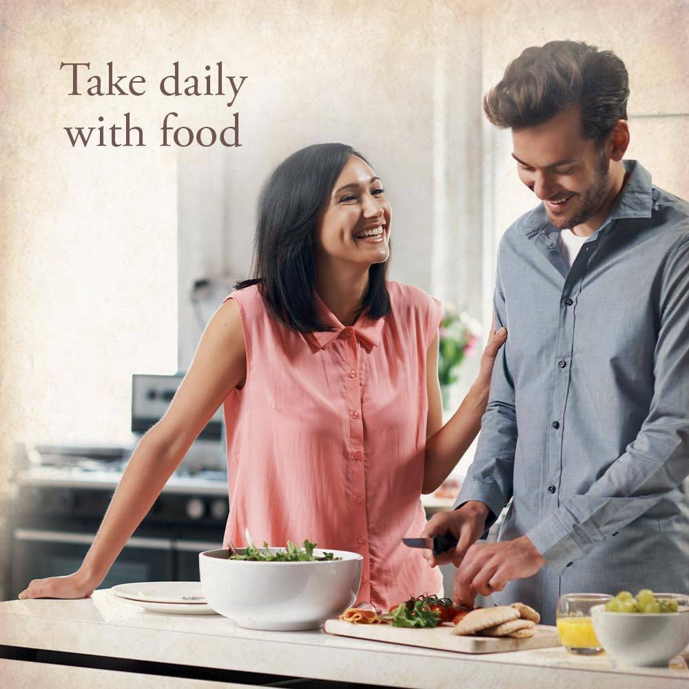 Couple preparing food in a kitchen, take daily with food graphic