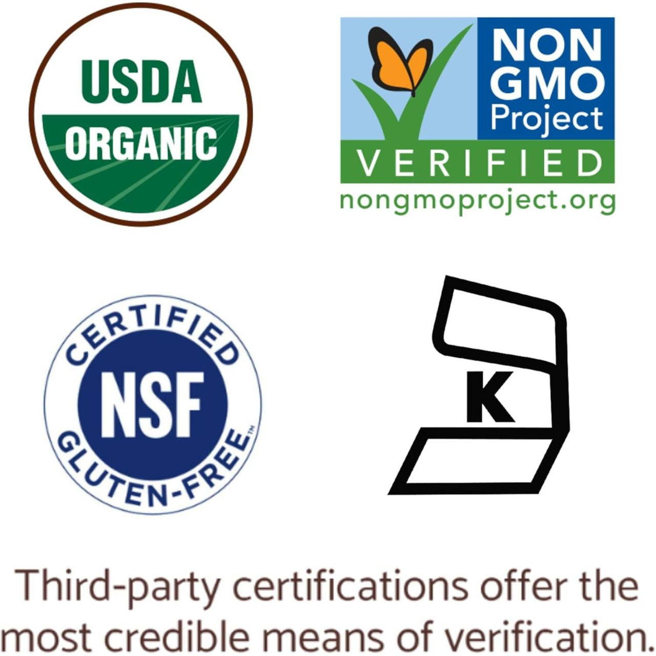 USDA Organic, Non-GMO Project Verified, NSF gluten-free and kosher certification logos