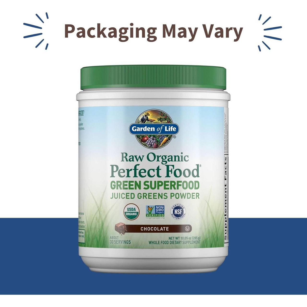 Perfect Food Green Superfood Chocolate canister, packaging may vary graphic