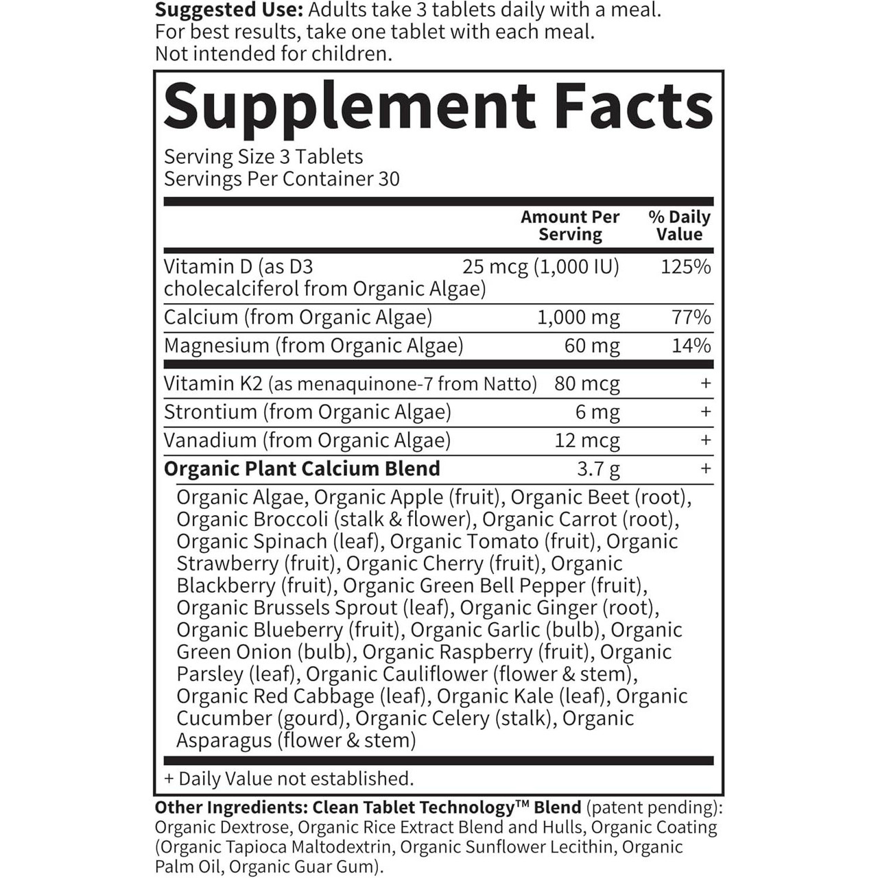 Plant Calcium supplement facts panel, 30 servings
