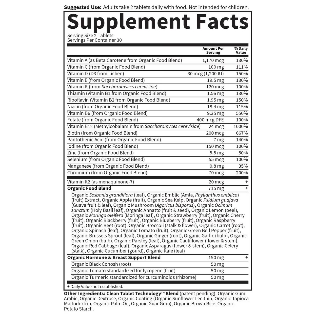 Women's Multi 40+ 60 tablet supplement facts panel
