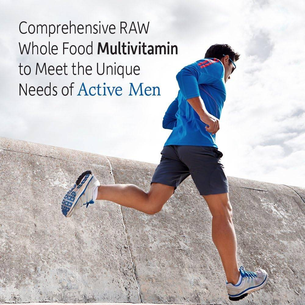 Man running outdoors, comprehensive RAW whole food multivitamin for active men graphic