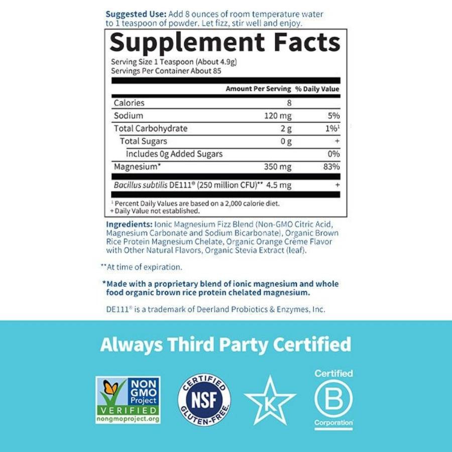 Dr. Formulated Magnesium Orange supplement facts with ingredients, alternate size label