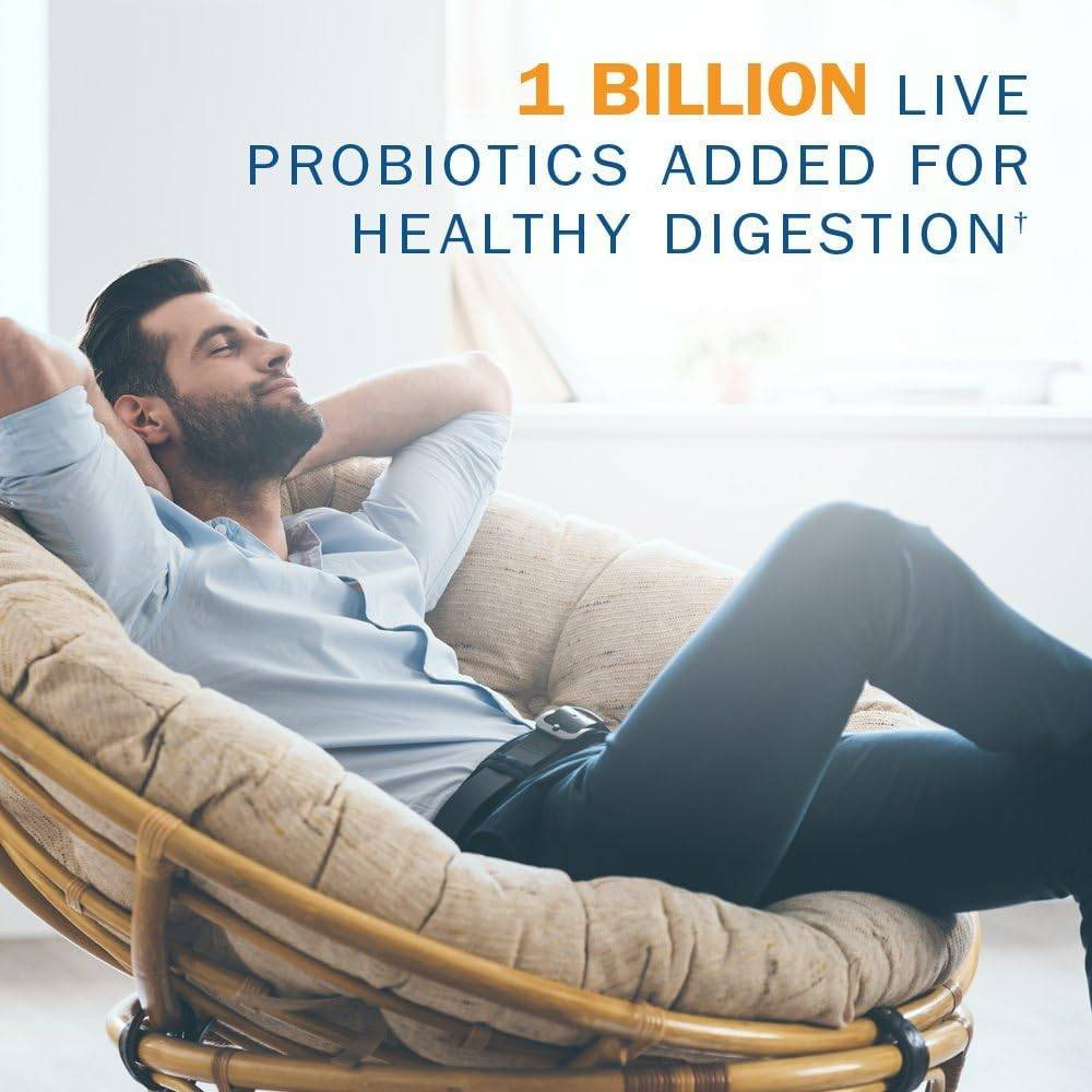 Man relaxing in a chair, 1 billion live probiotics added graphic