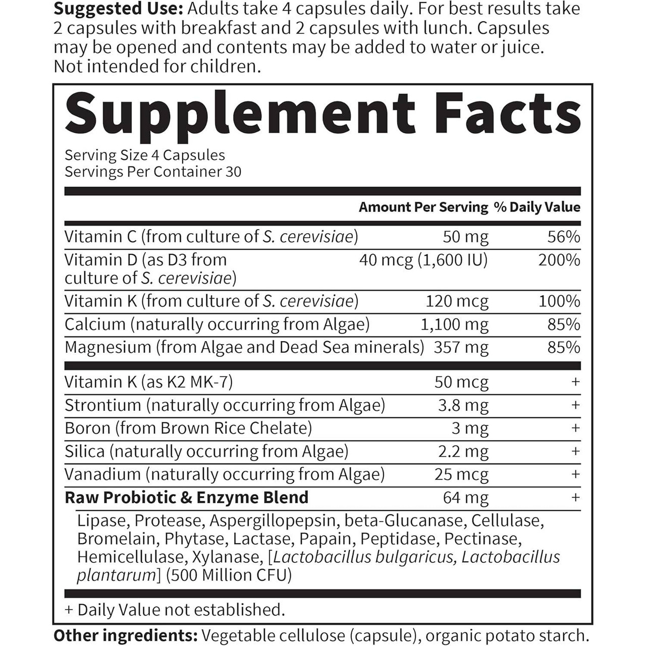 RAW Calcium supplement facts panel, 30 servings