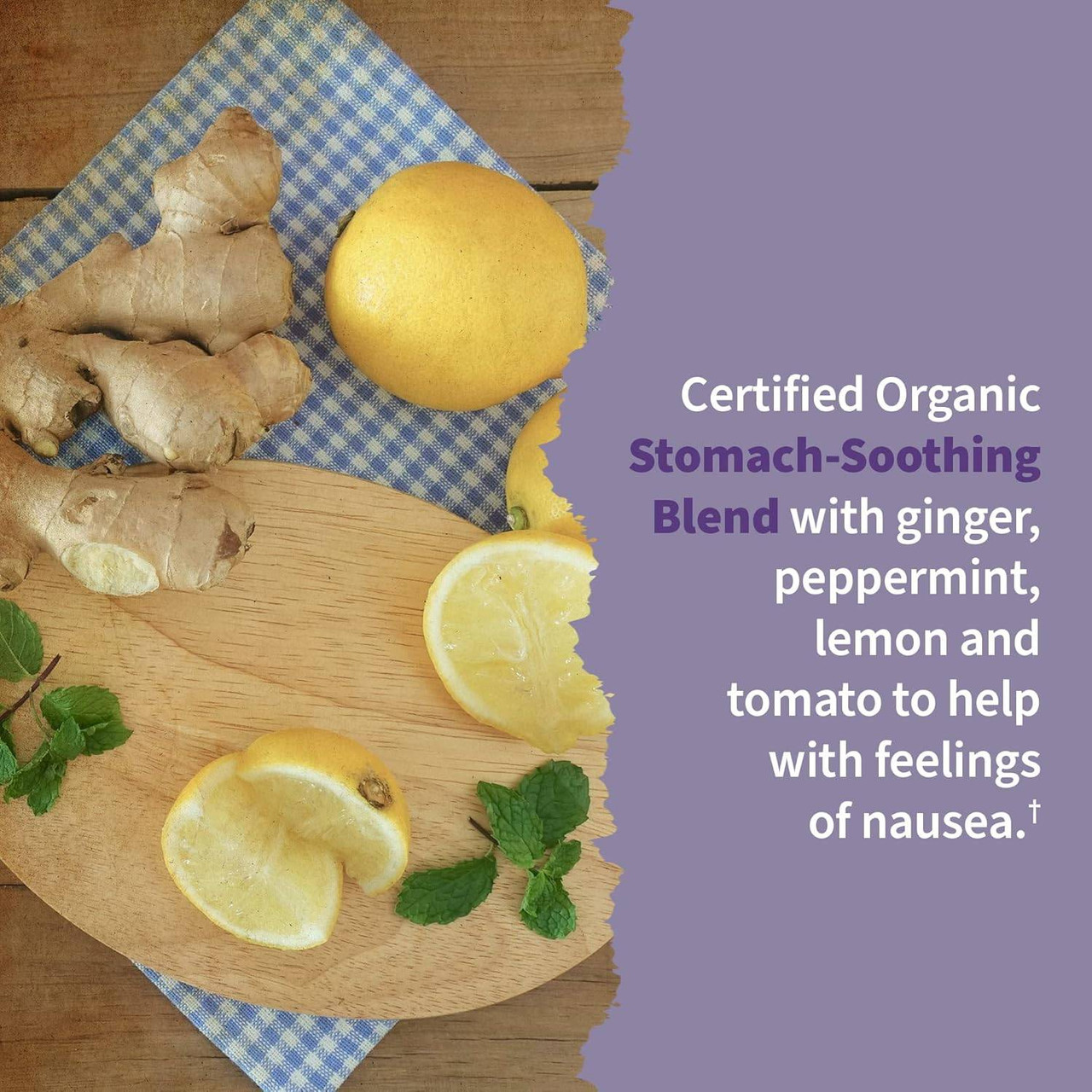 Ginger, lemon and peppermint on a board, organic stomach-soothing blend graphic