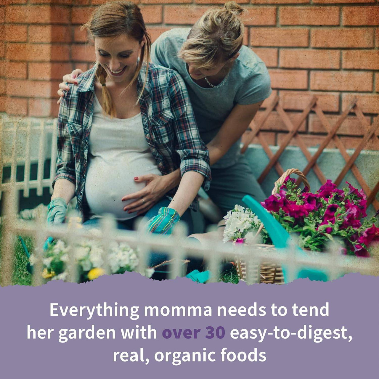 Pregnant woman gardening with partner, over 30 organic foods graphic